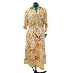 NWT Mlle Gabrielle XL Yellow Shirt Dress 100% Cotton Botanical Lightweight Midi